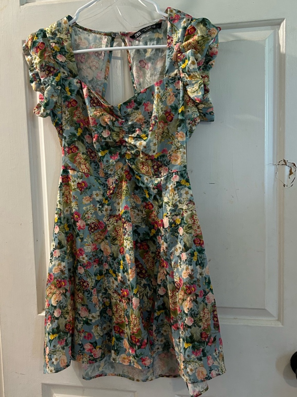 Zara Blue Floral Ruffle-Sleeve Dress